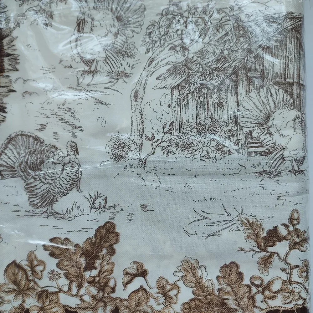 Williams Sonoma Plymouth Turkey Tablecloth White Brown Beige Fall 70 x 108